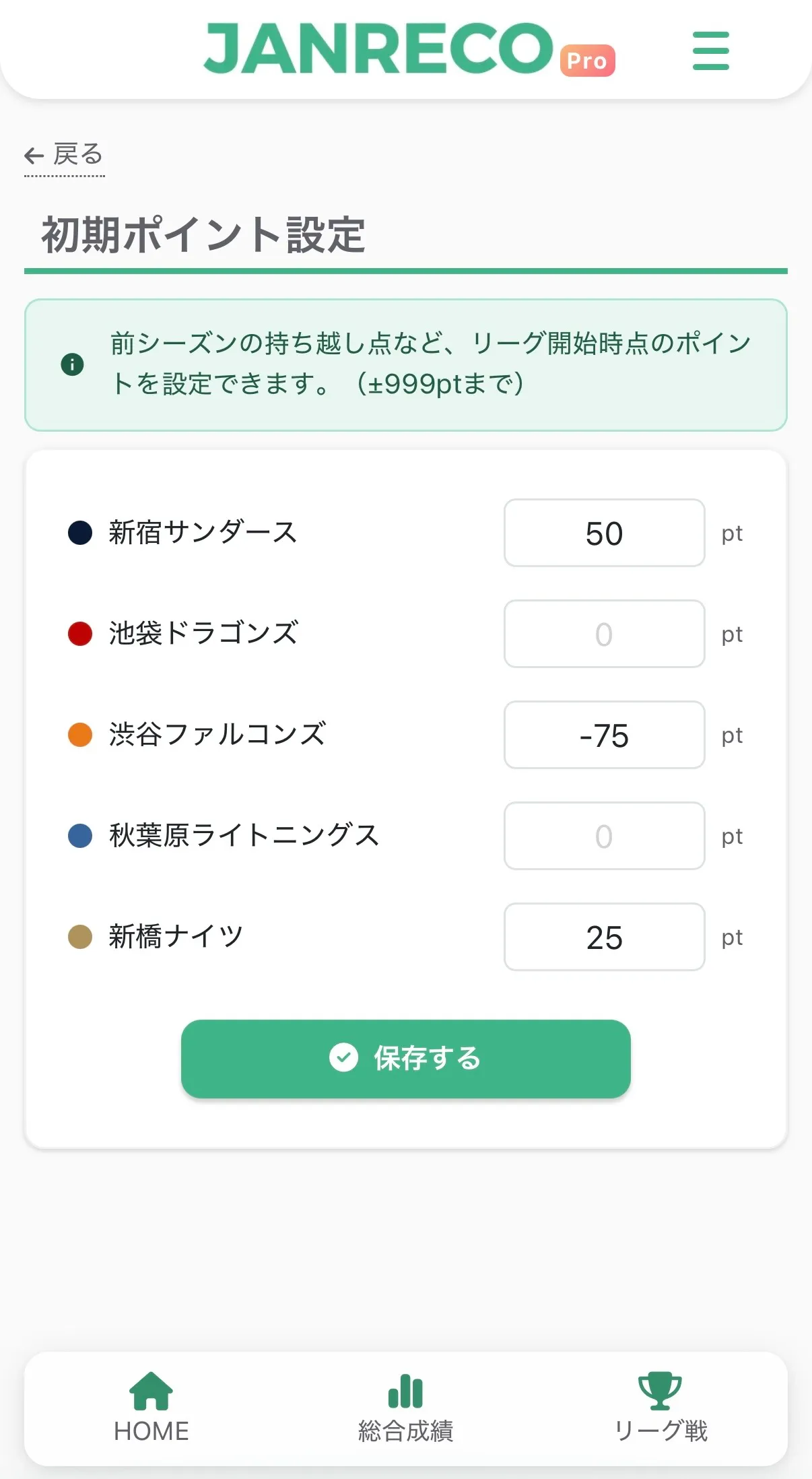 初期ポイント設定画面 — 参加者一覧と各プレイヤーのポイント入力フォームが表示されている画面