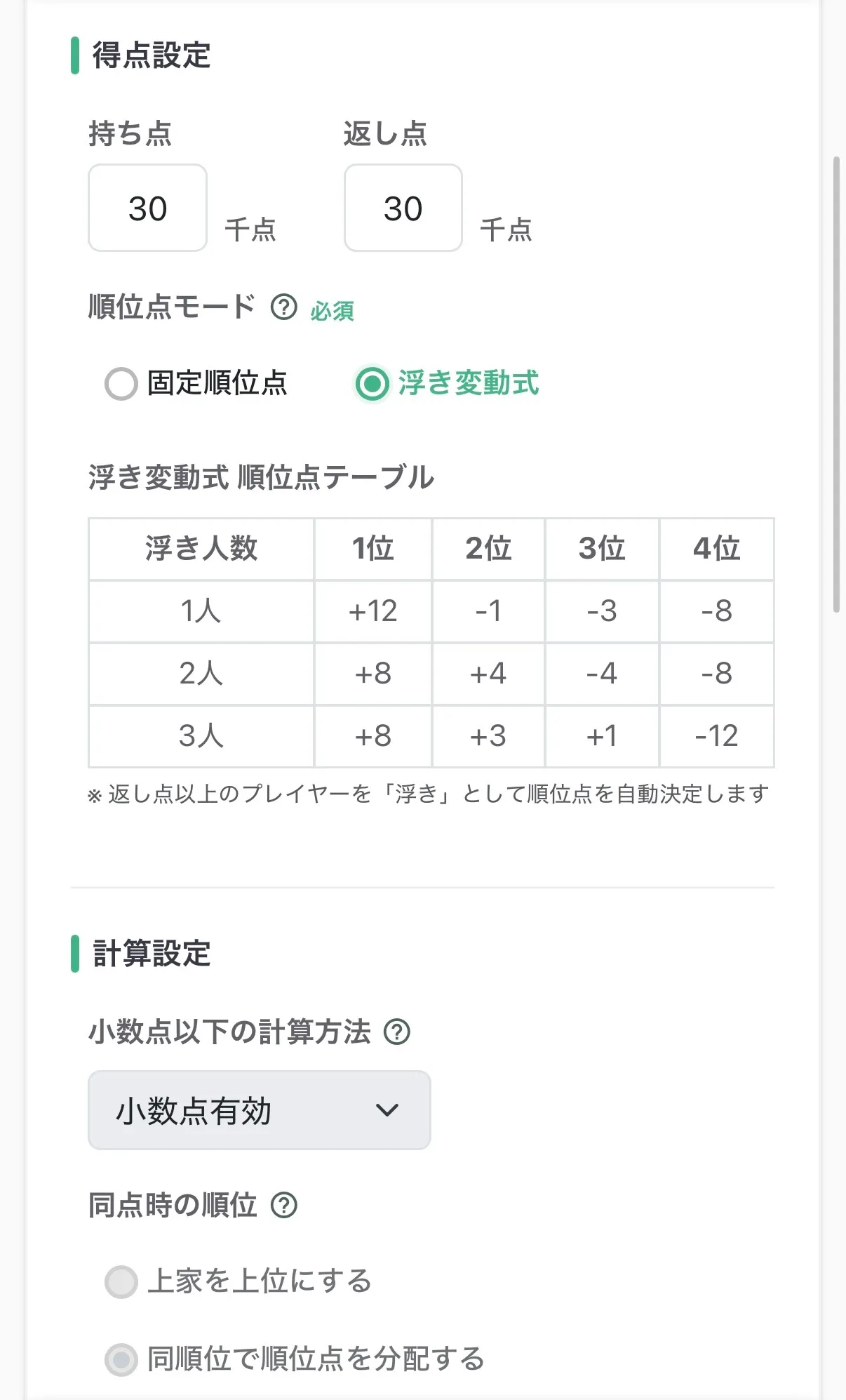 ルール作成画面 — 連盟公式ルールのテンプレートが適用され、浮き変動テーブルと自動設定が表示されている画面